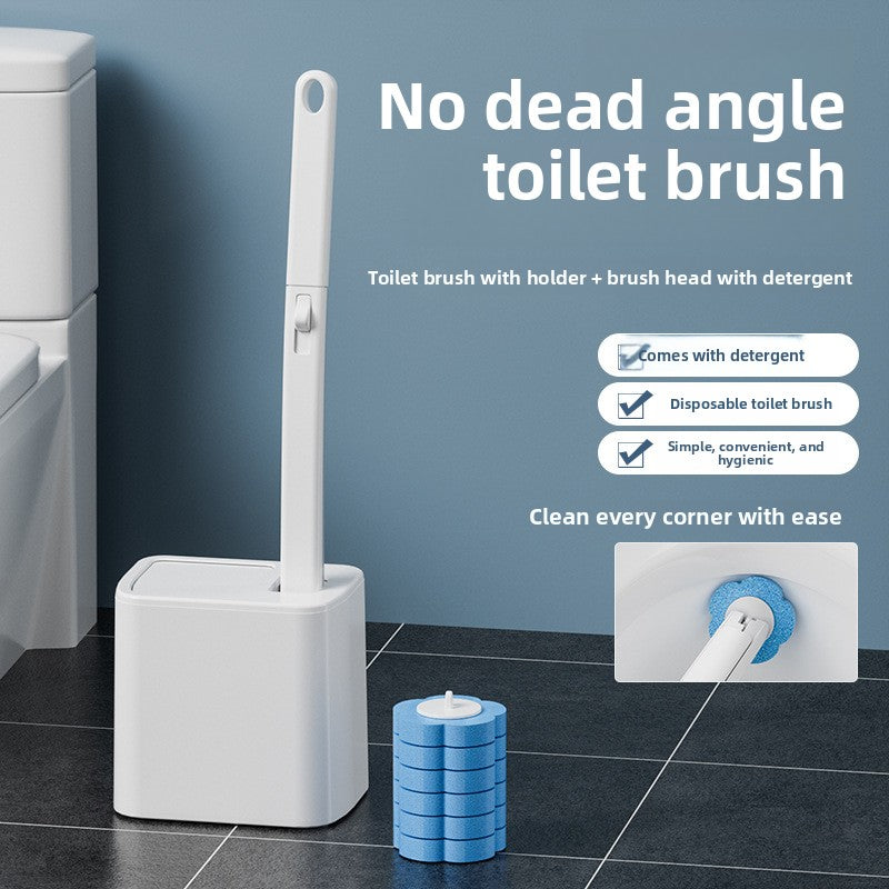 Toilet cleaning brush set with holder and detergent on a bathroom floor.