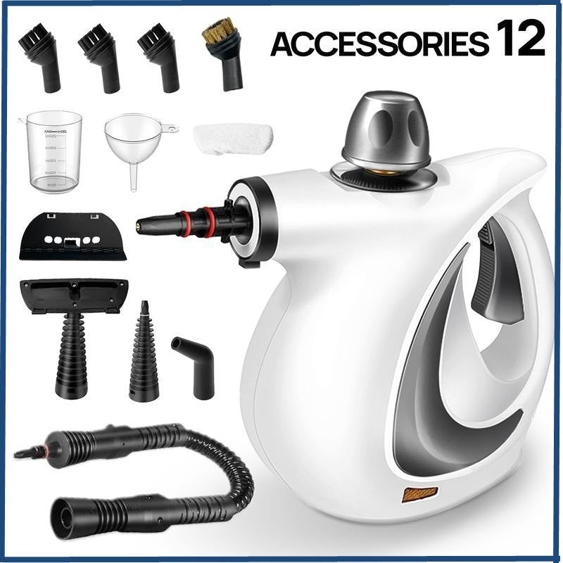 White handheld steamer with various black accessories on a white background