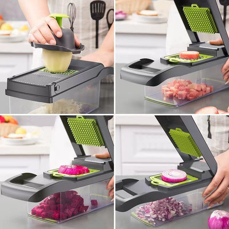 Multifunctional kitchen tool being used to slice various vegetables on a kitchen counter.
