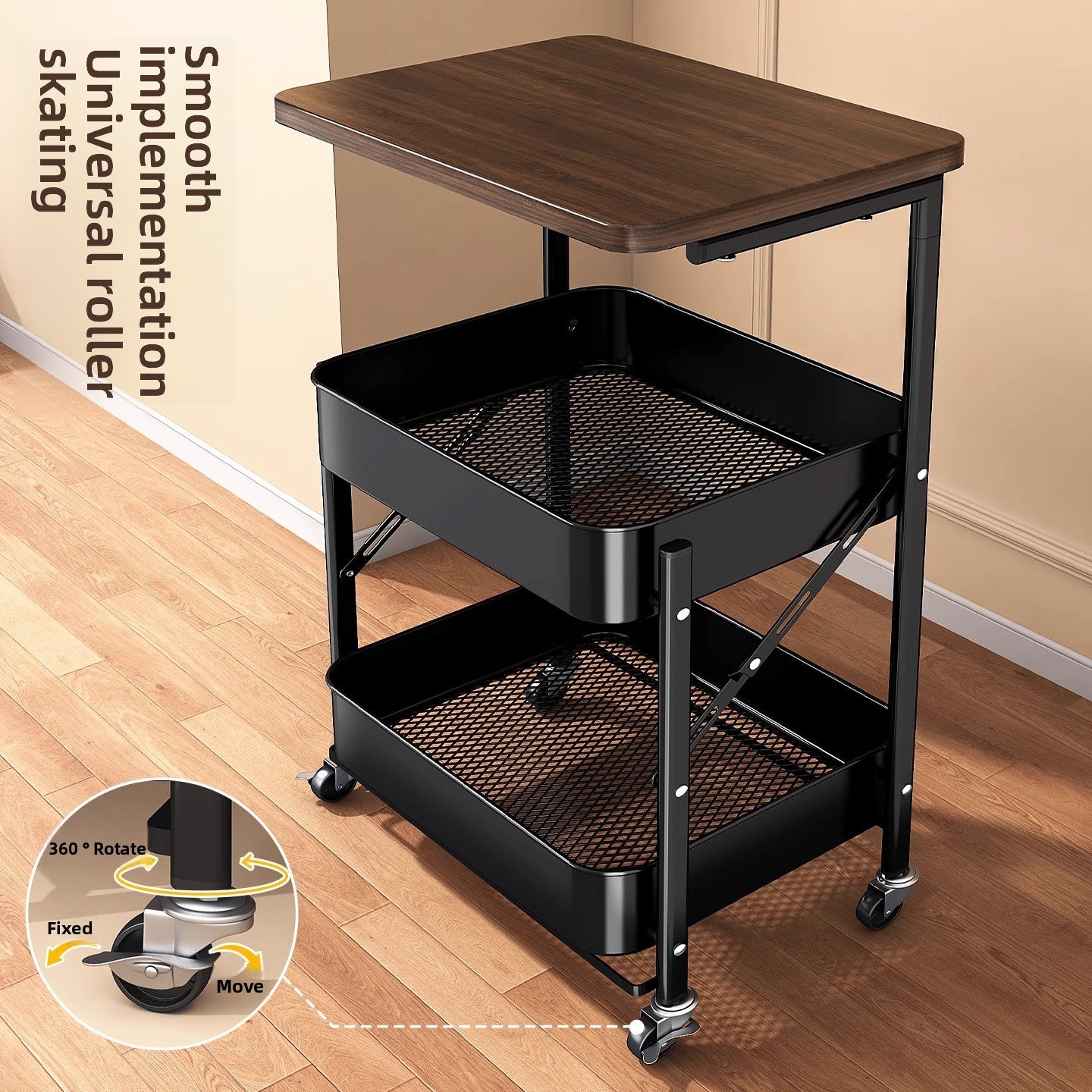 Black metal utility cart with a wooden top on a wooden floor.