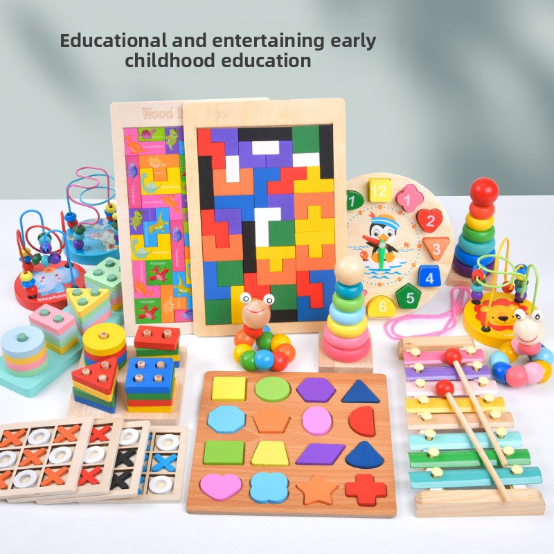 Assorted educational toys for early childhood on a white surface with a gray background.