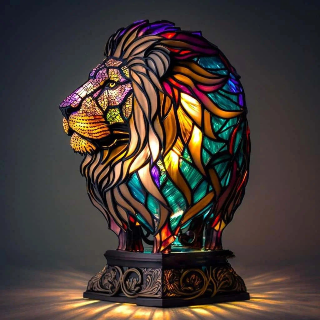Colorful stained glass lion lamp on a dark background