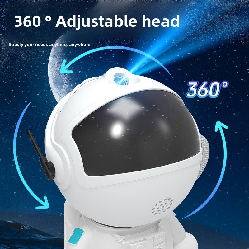 White robot head with 360-degree adjustable feature against a space-themed background