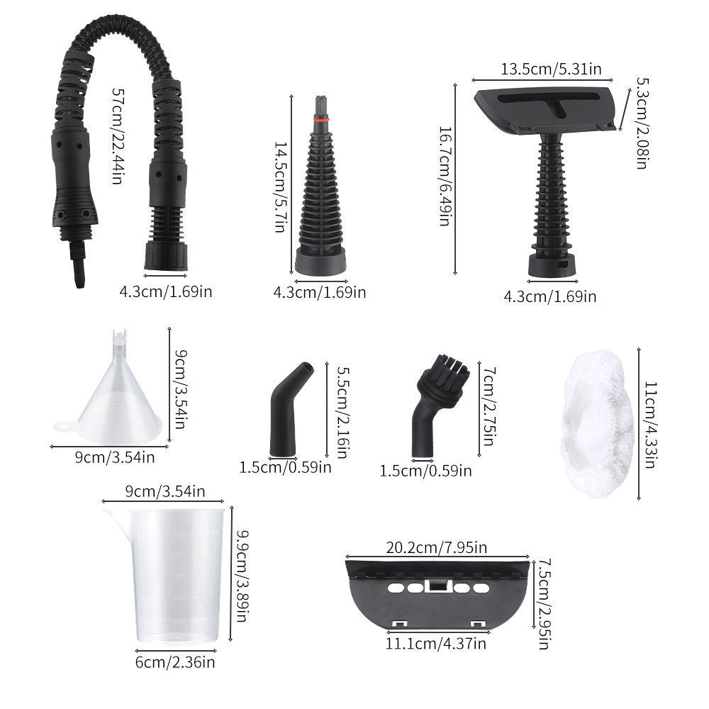 Set of black and white cleaning tools with measurements on a white background