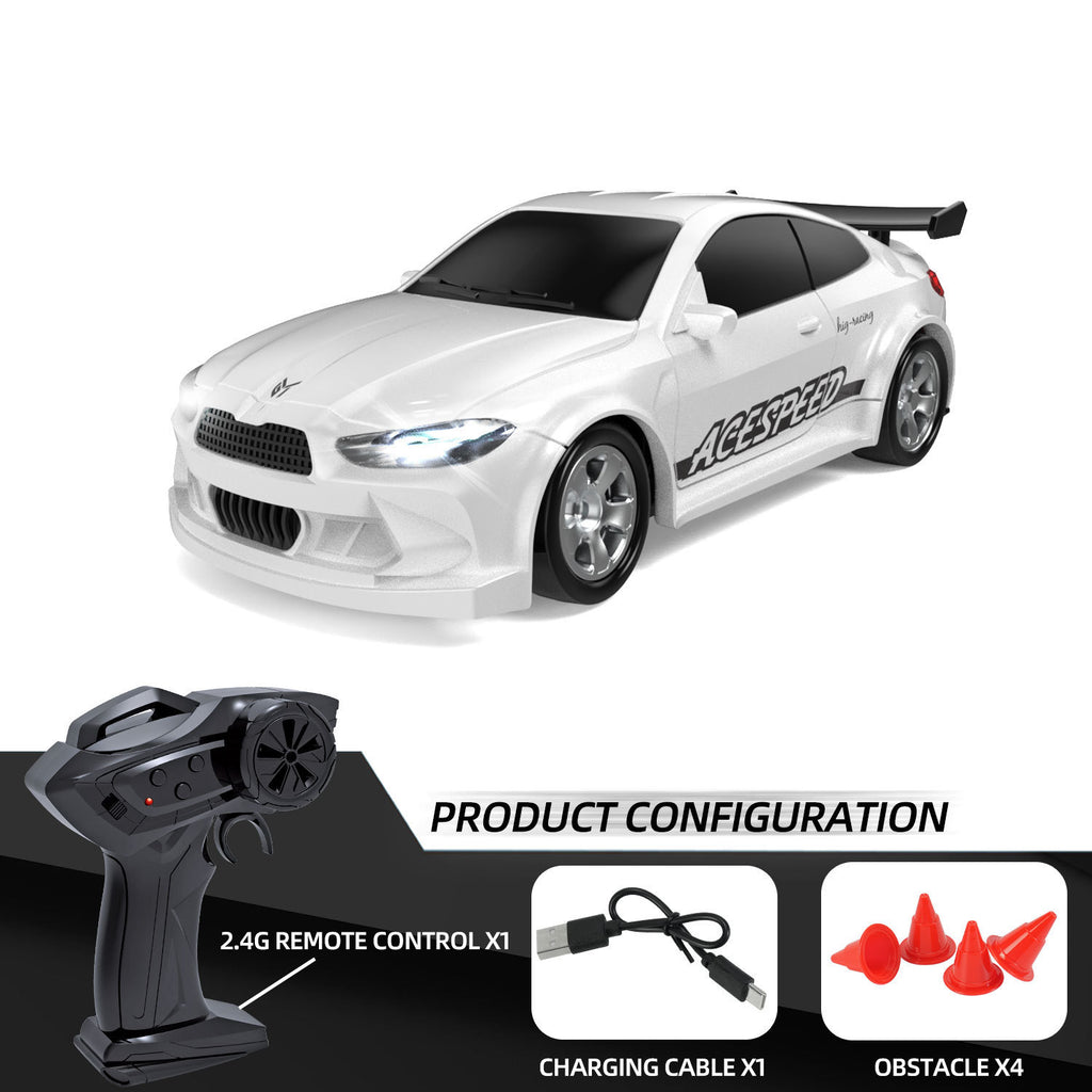 White RC car with remote control, charging cable, and obstacles on a white background
