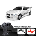 White RC car with remote control, charging cable, and obstacles on a white background