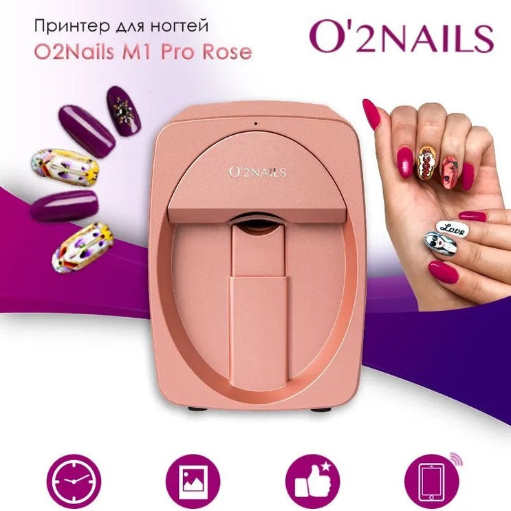 O2Nails M1 Pro Rose nail printer with a hand displaying nails painted with pink polish on a purple background.