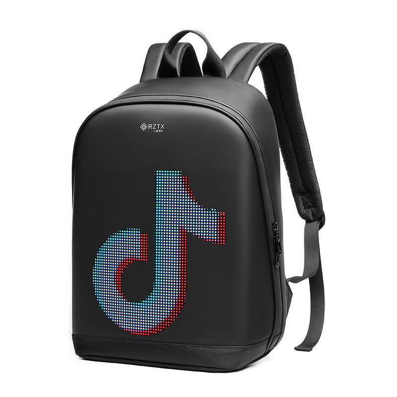 Black backpack with a colorful TikTok logo on a white background