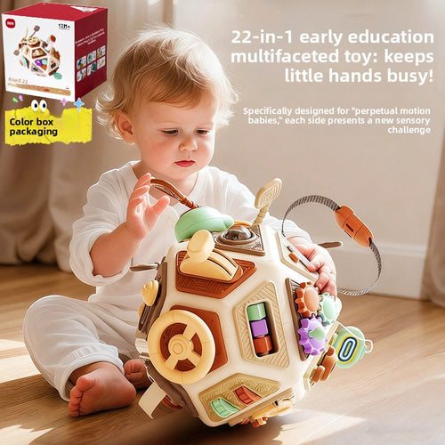 Child playing with a multifaceted educational toy, with product packaging and text overlay.
