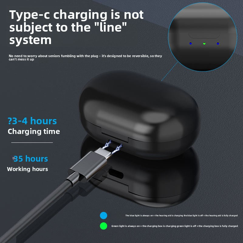 Black charging case with USB-C cable on a dark background, showing charging and working hours.