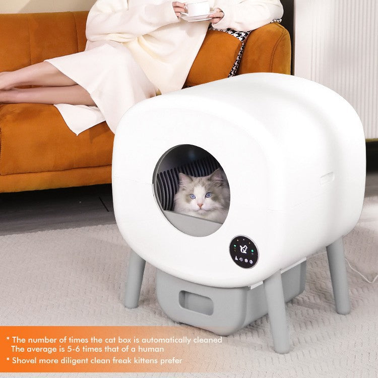 White and gray pet litter box with a cat inside, placed on a carpeted floor.