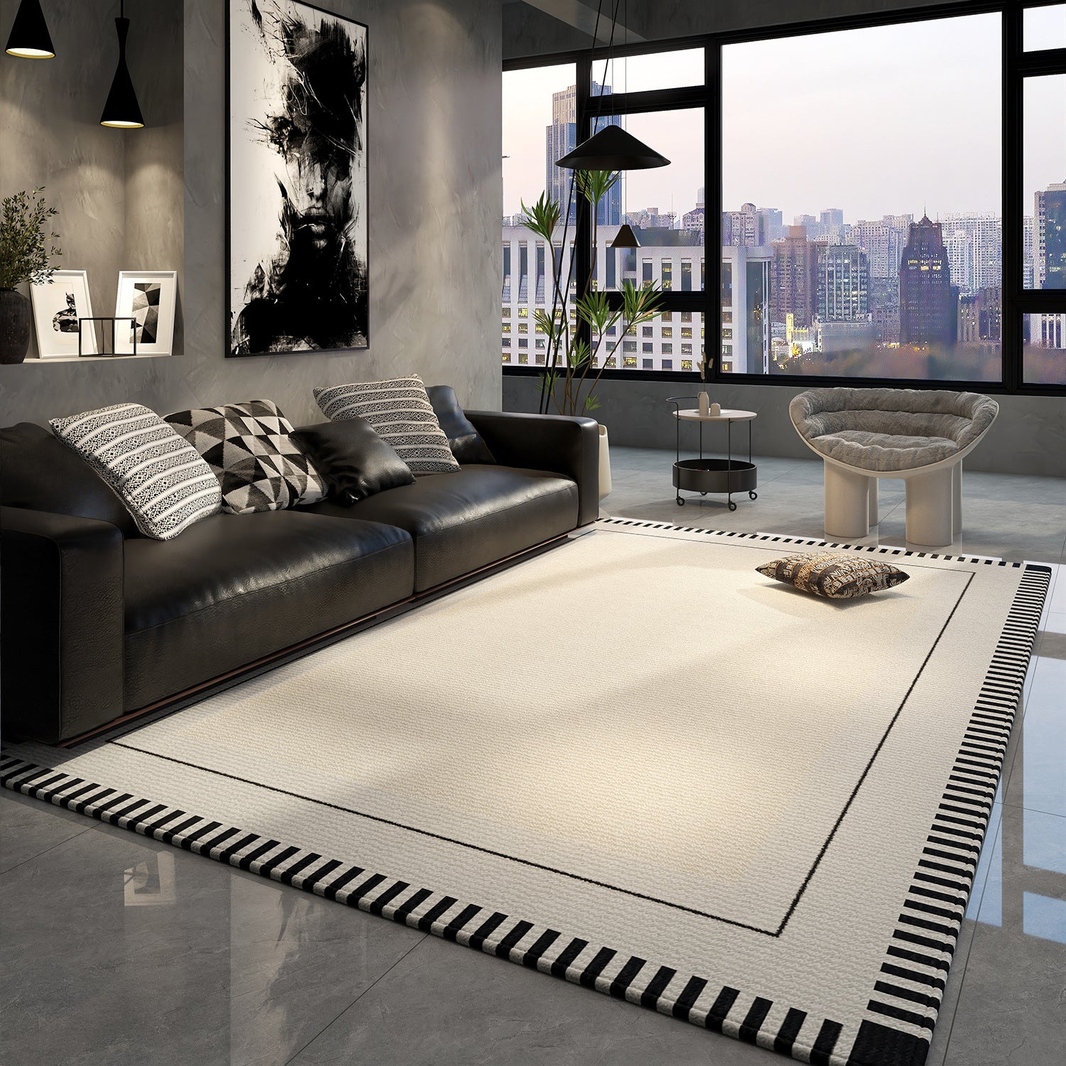 Modern living room with a black leather sofa, rug, and cityscape view.