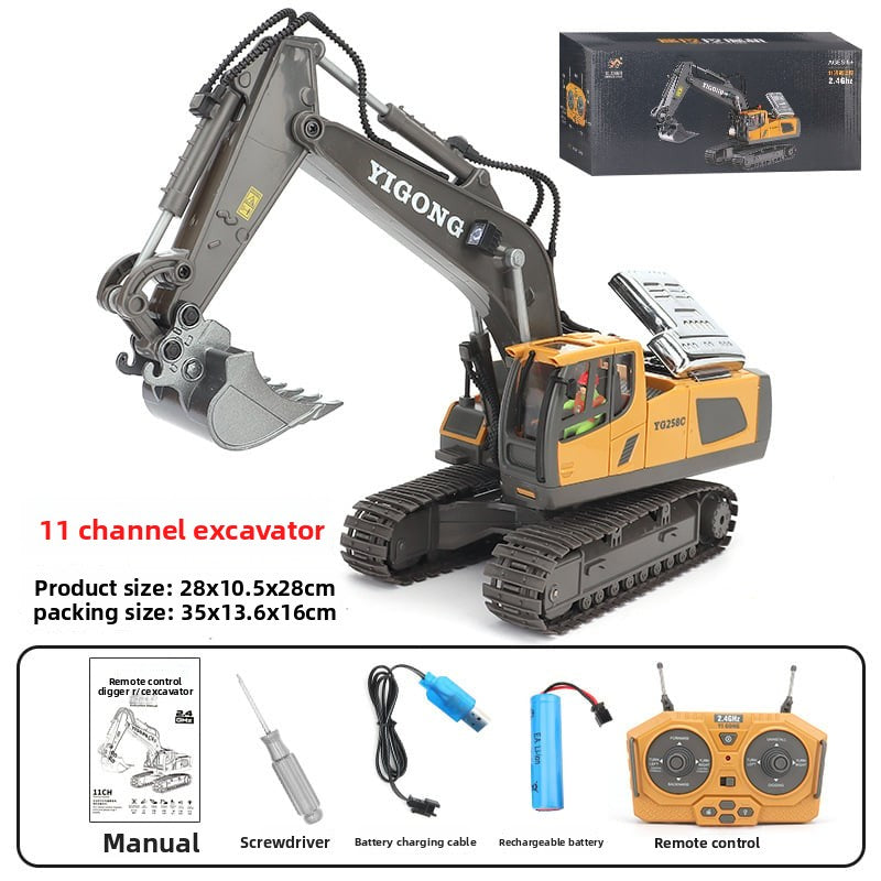 Yigong remote control excavator toy with packaging, accessories, and specifications on a white background.