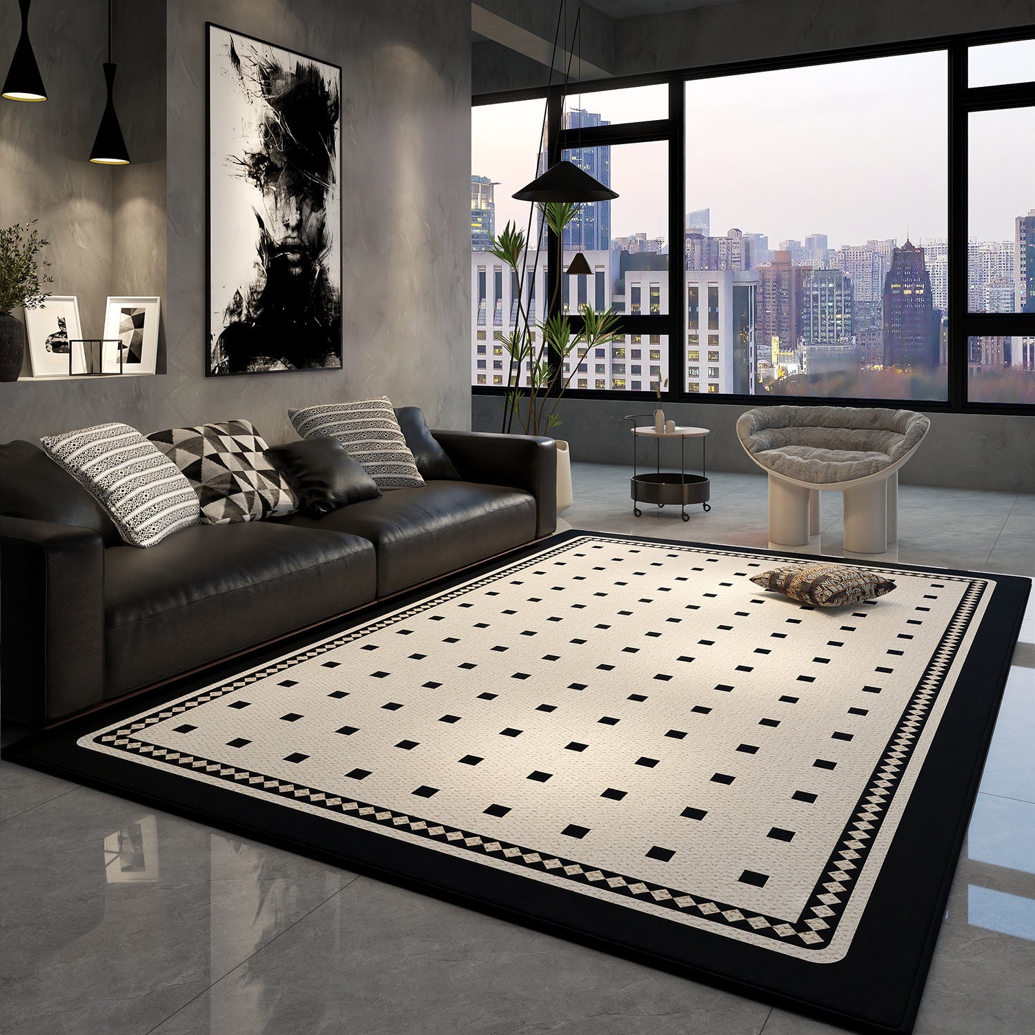 Modern living room with a black and white patterned rug, leather sofa, and cityscape view.
