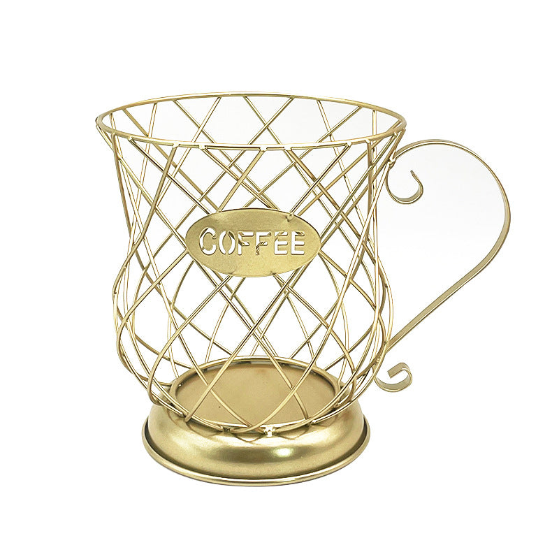 Gold wire coffee pods holder with 'COFFEE' label on a white background
