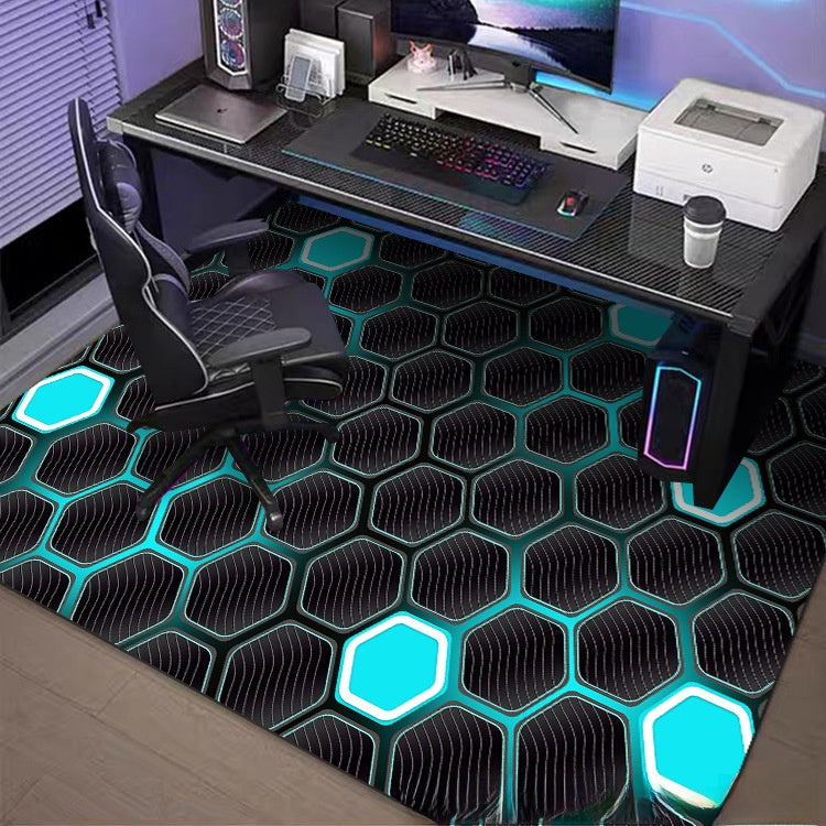 Gaming desk setup with chair and illuminated rug