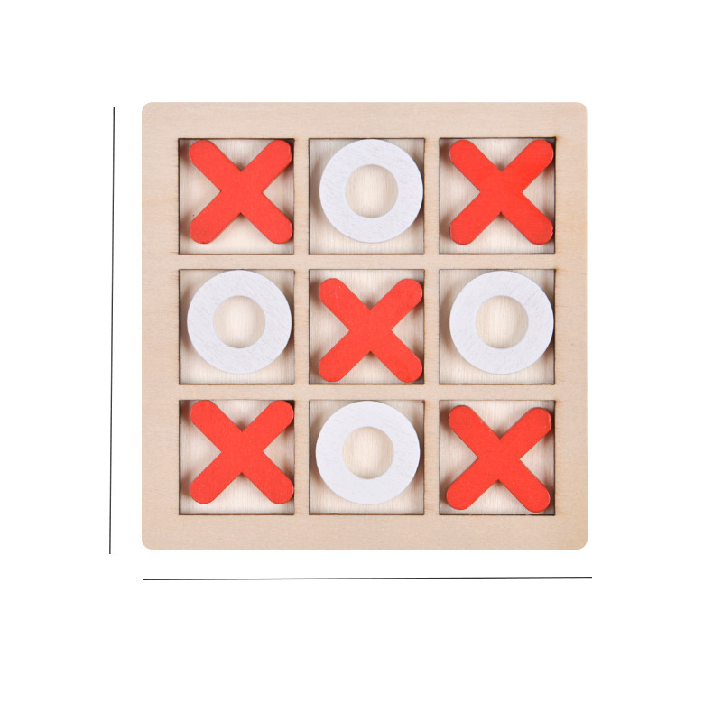 Wooden tic-tac-toe game with red 'X' and white 'O' pieces on a beige background