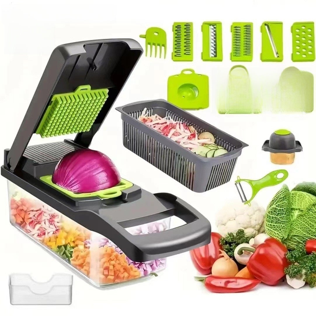 Vegetable chopper with attachments and chopped vegetables on a white background