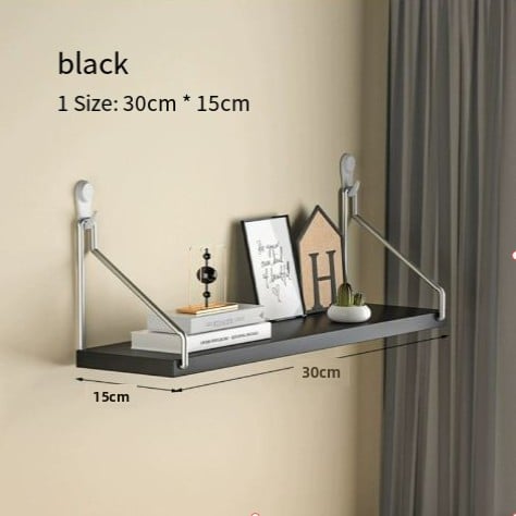 Black wall shelf with dimensions on a beige wall background