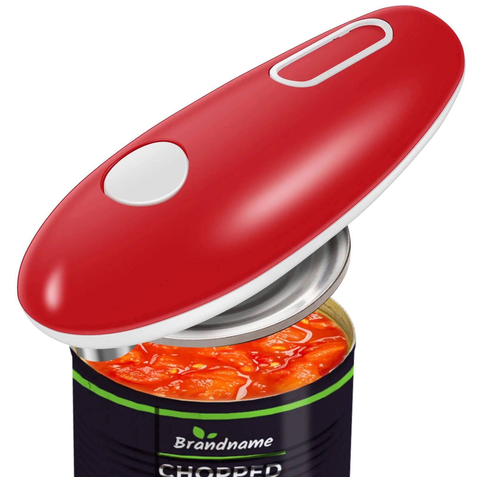 Red can opener on a can of chopped tomatoes with 'Brandname' branding.