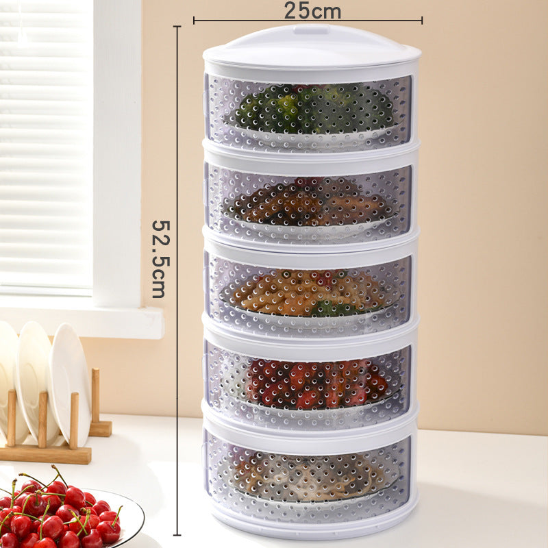 Stackable storage drawers with food items on a kitchen counter, showing dimensions.