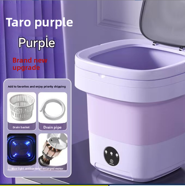 Purple portable washing machine with features highlighted on a purple background