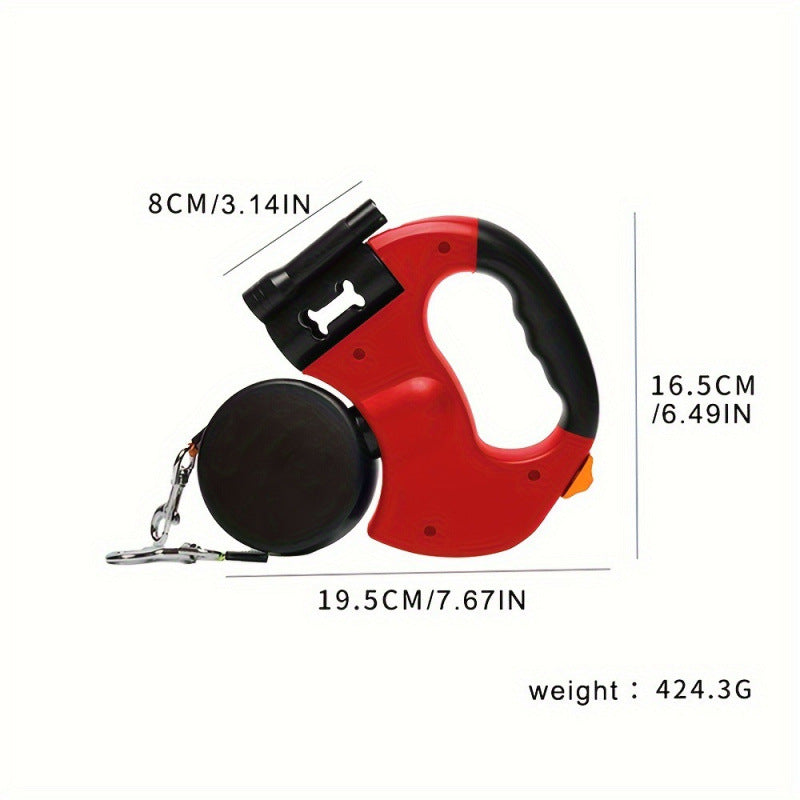 Red and black retractable dog leash with measurements and weight displayed on a white background