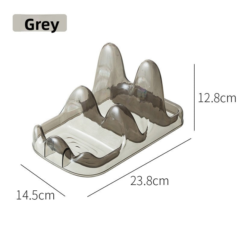 Gray kitchen sponge holder with dimensions on a white background