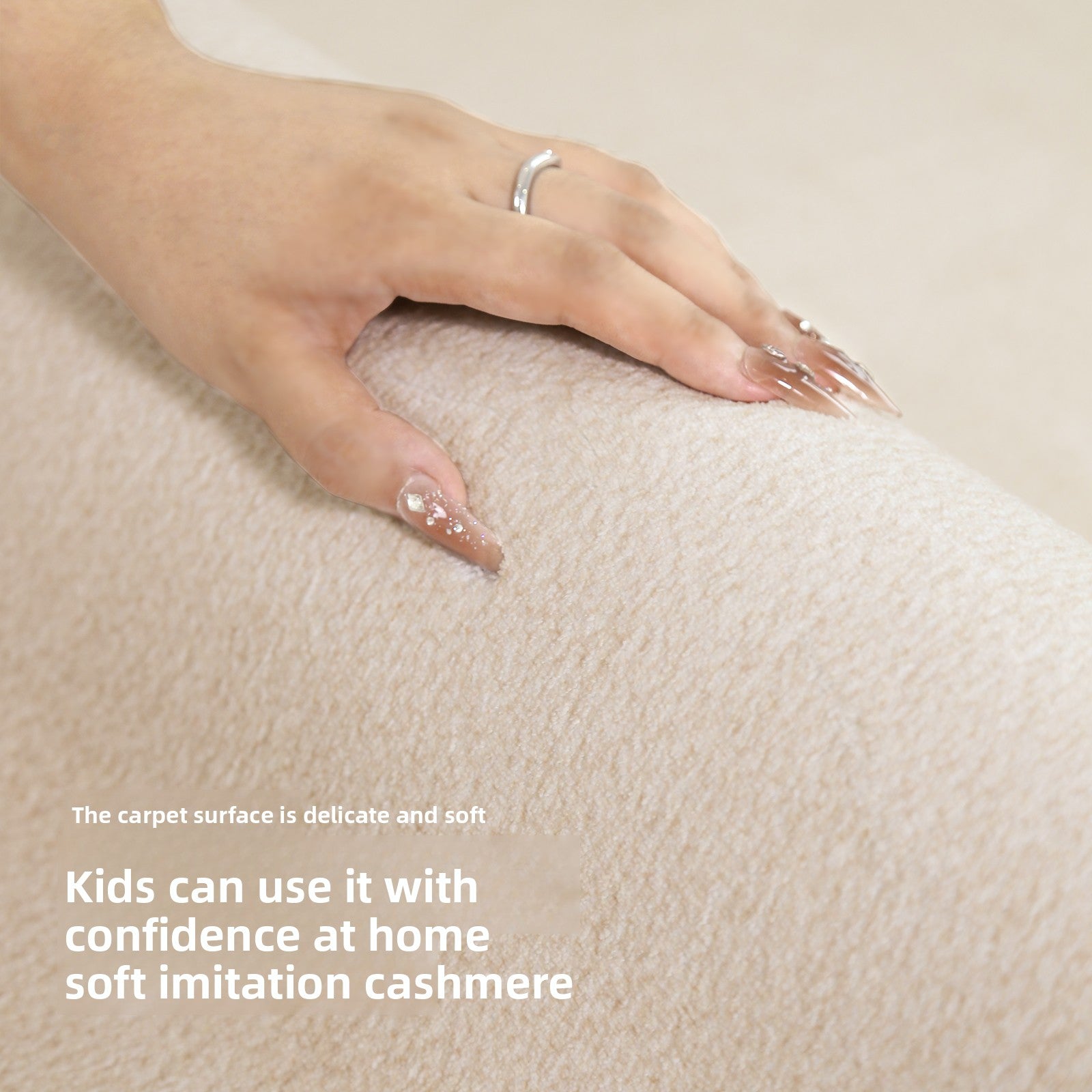Hand touching a soft, beige carpet with text about its texture and suitability for children.