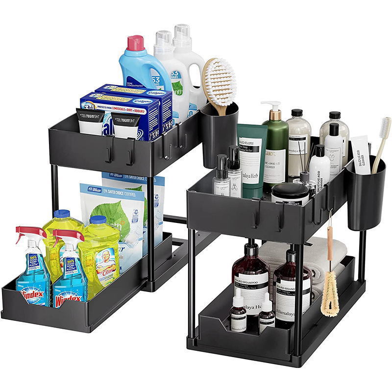 Black multi-tiered organizer with cleaning supplies and toiletries on a white background
