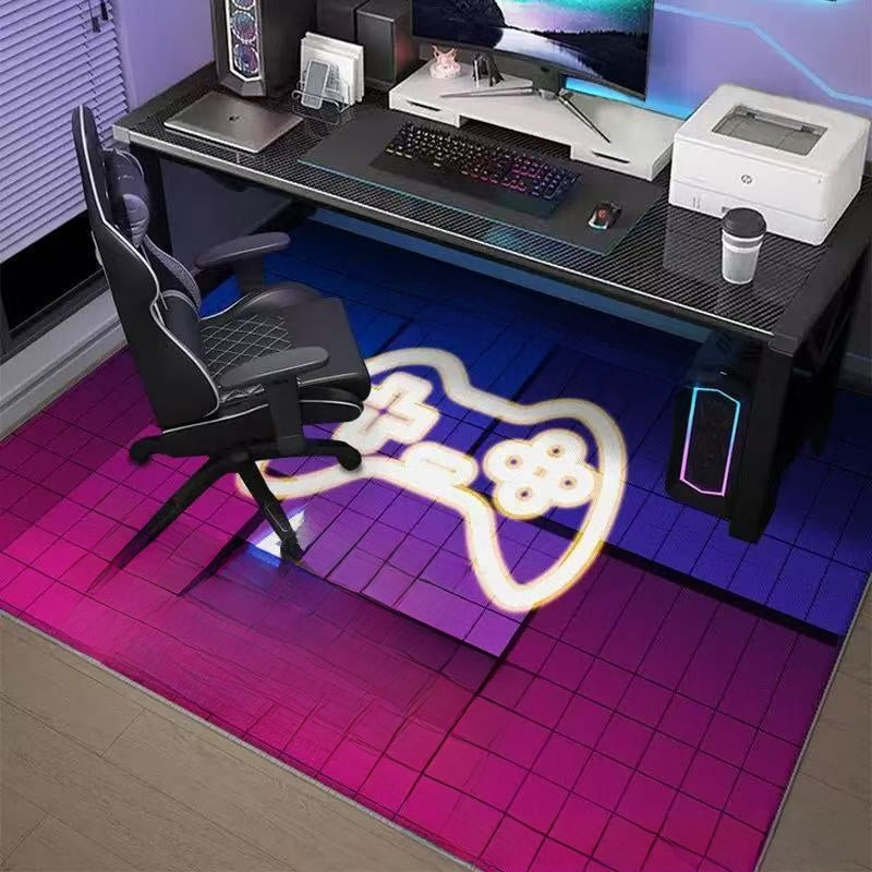 Gaming desk setup with chair, computer equipment, and a colorful rug.