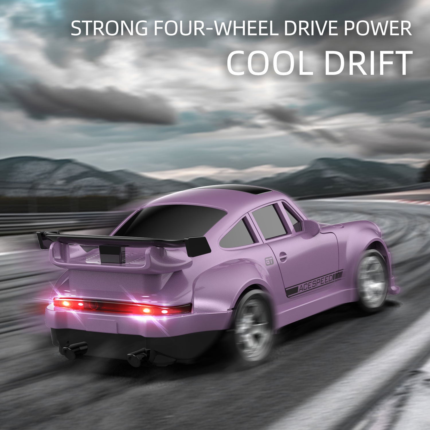 Pink sports car drifting on a track with mountains in the background and text about four-wheel drive power and cool drift.