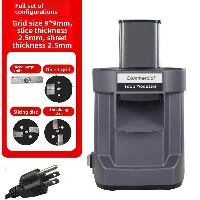 Gray commercial food processor with interchangeable discs and power cord on a white background