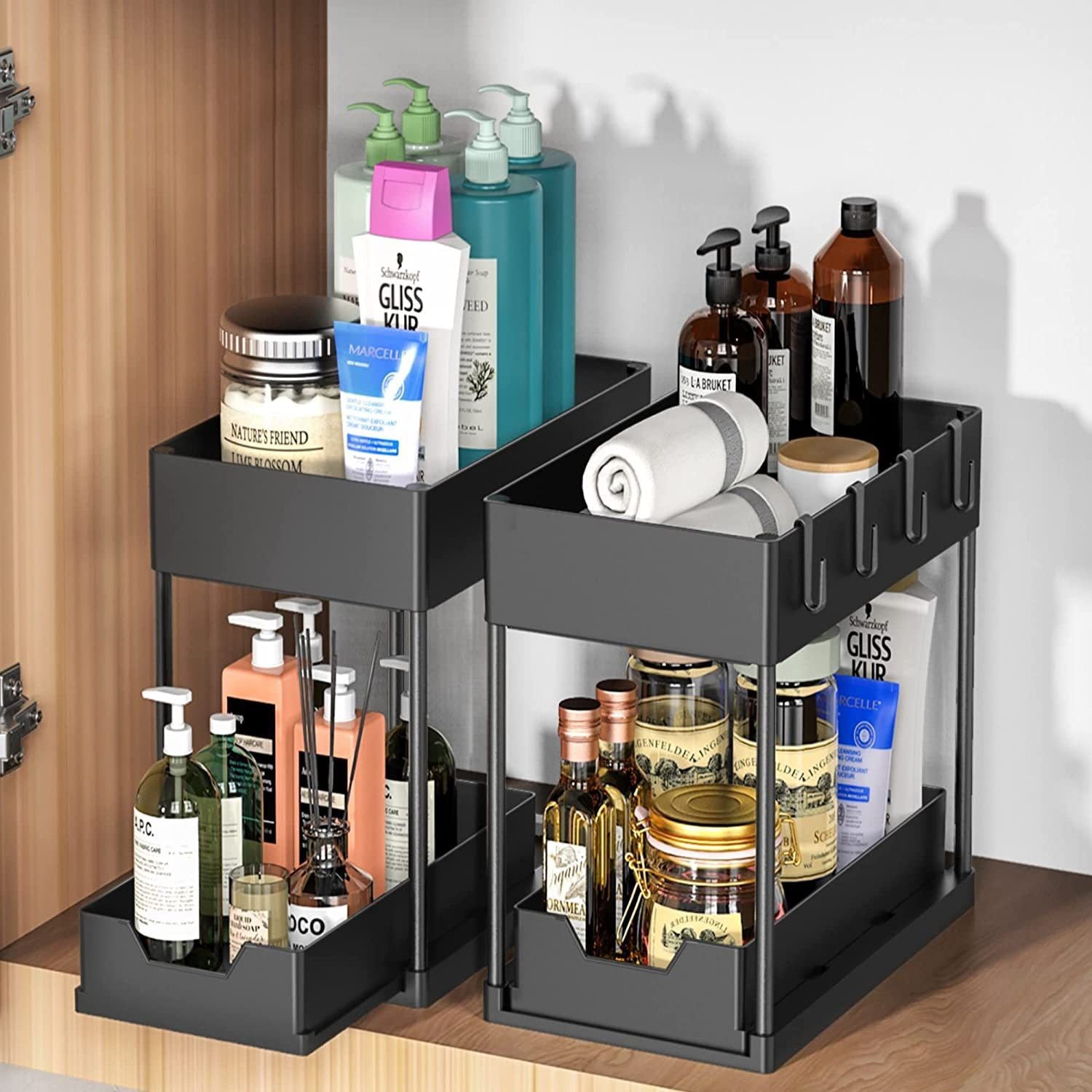 Black storage rack with various bottles and containers on a wooden floor.