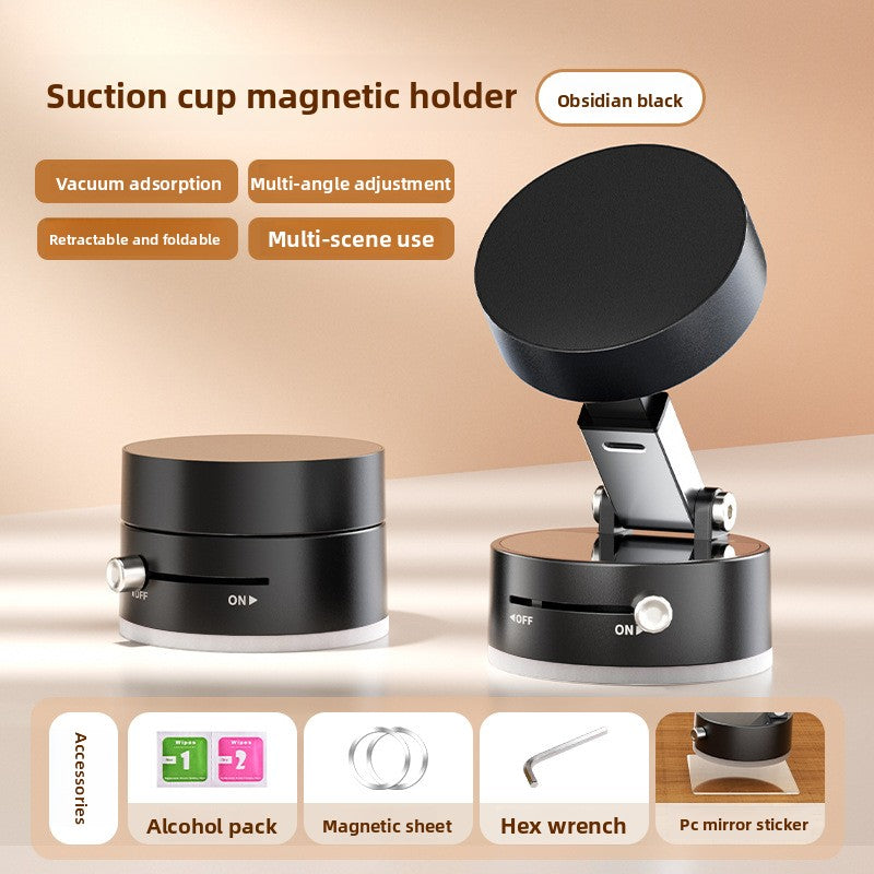 Suction cup magnetic holder with features listed on a beige background