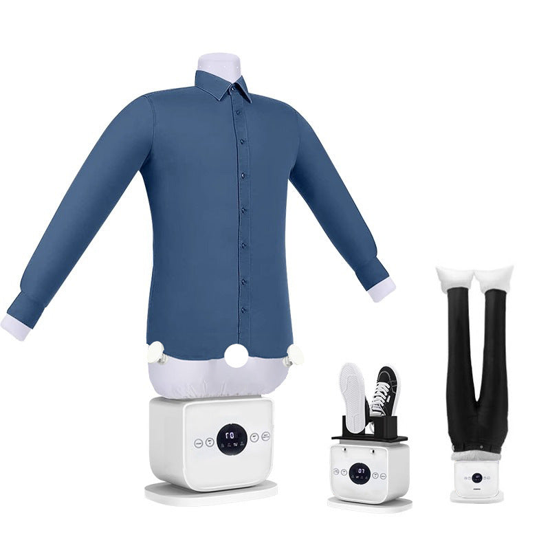 Blue shirt, white shoes, and black socks on Ironing Machine with a white background
