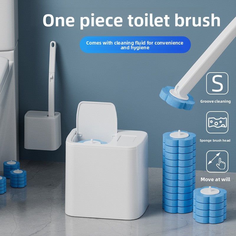 One piece toilet brush set with cleaning fluid and holder on a bathroom floor.