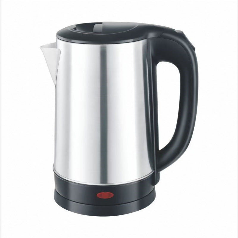 Stainless steel electric kettle with black handle on a white background