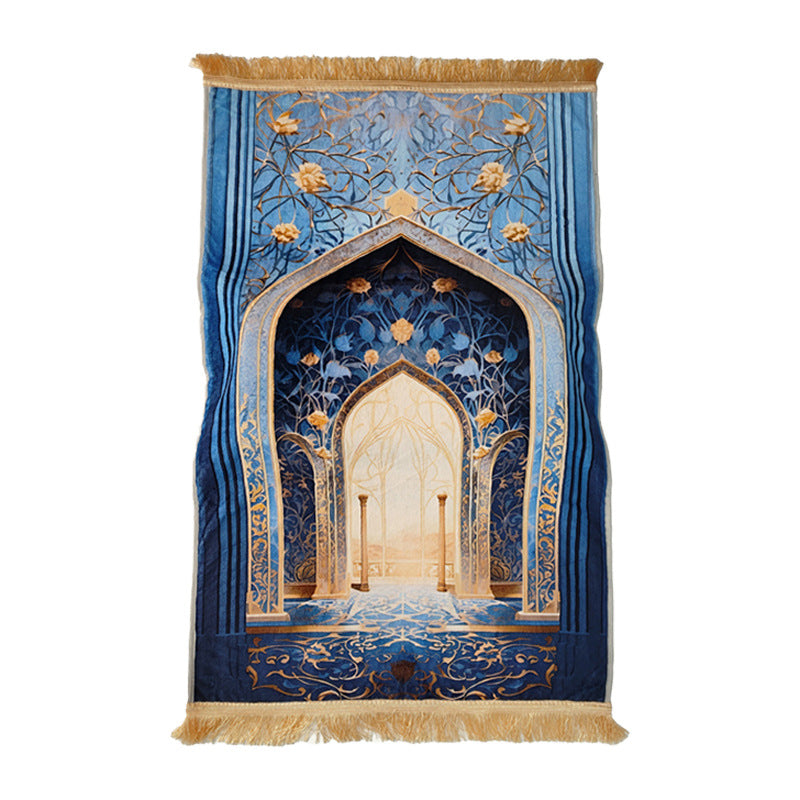 Decorative prayer rug with intricate design on a white background