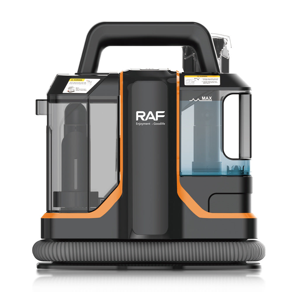 Black and orange vacuum cleaner with 'RAF' branding on a white background