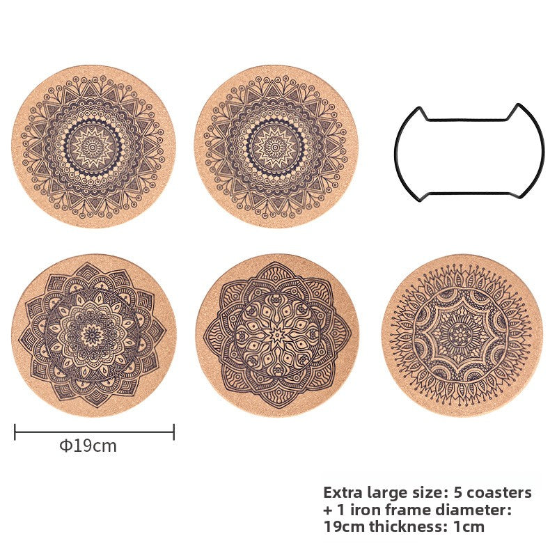 Set of five mandala-patterned coasters with dimensions and an iron frame diagram on a white background.