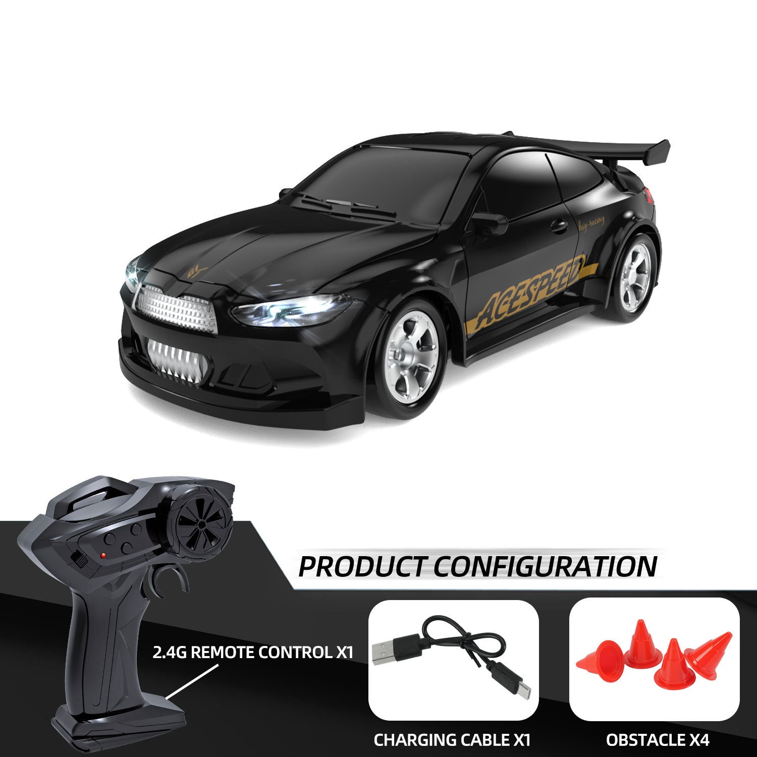 Black remote control car with 2.4G remote control, charging cable, and obstacles on a white background
