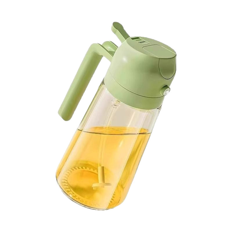 Green and clear bottle with yellow liquid on a white background