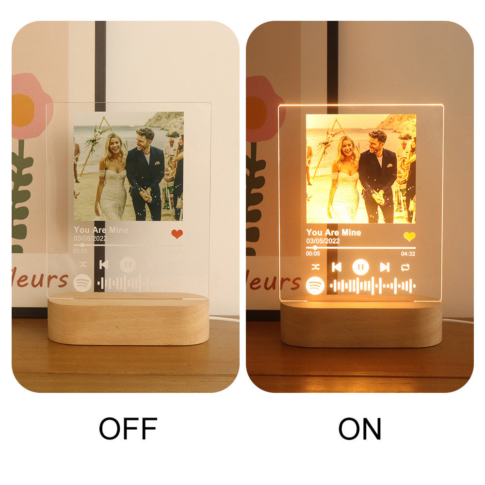 LED night light with photo display and music player interface, showing 'OFF' and 'ON' states.