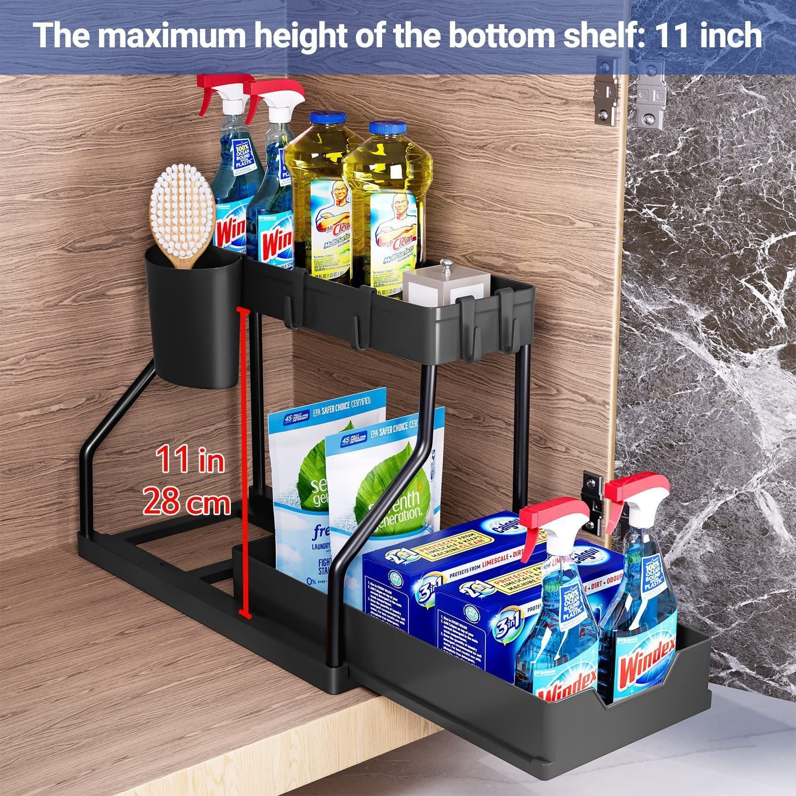 Shelf organizer with cleaning supplies against a wooden wall and marble floor.