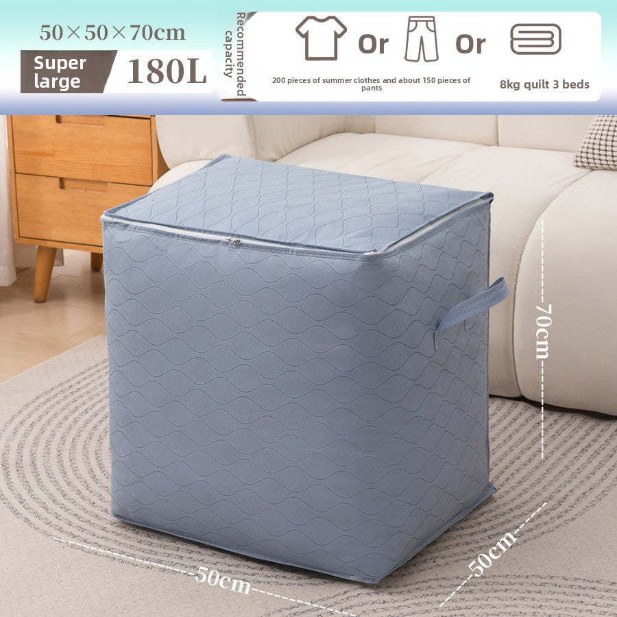 Blue laundry basket with dimensions and capacity details on a living room floor.