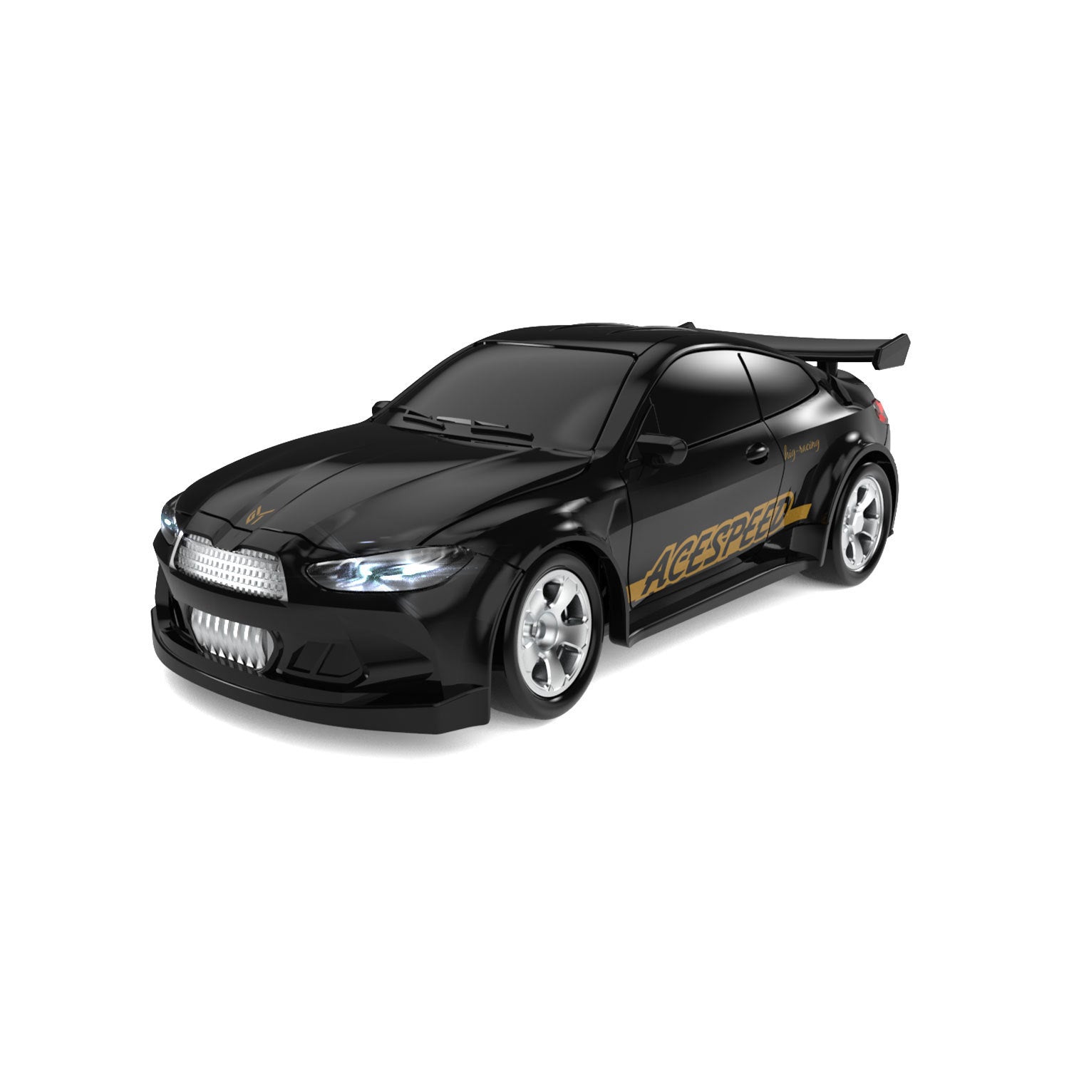 Black toy car with gold accents on a white background