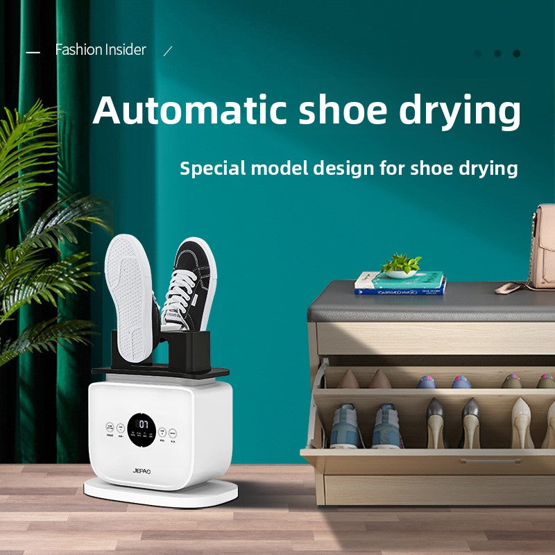 Automatic shoe drying machine with shoes on top, against a teal background with text about shoe drying.