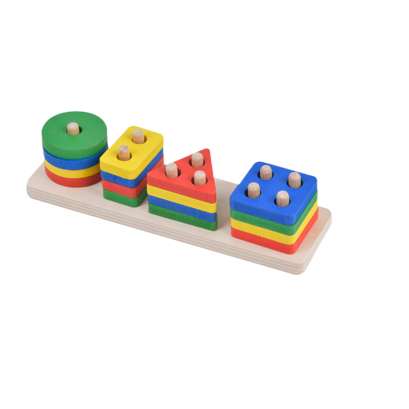 Colorful wooden shape sorting toy on a white background