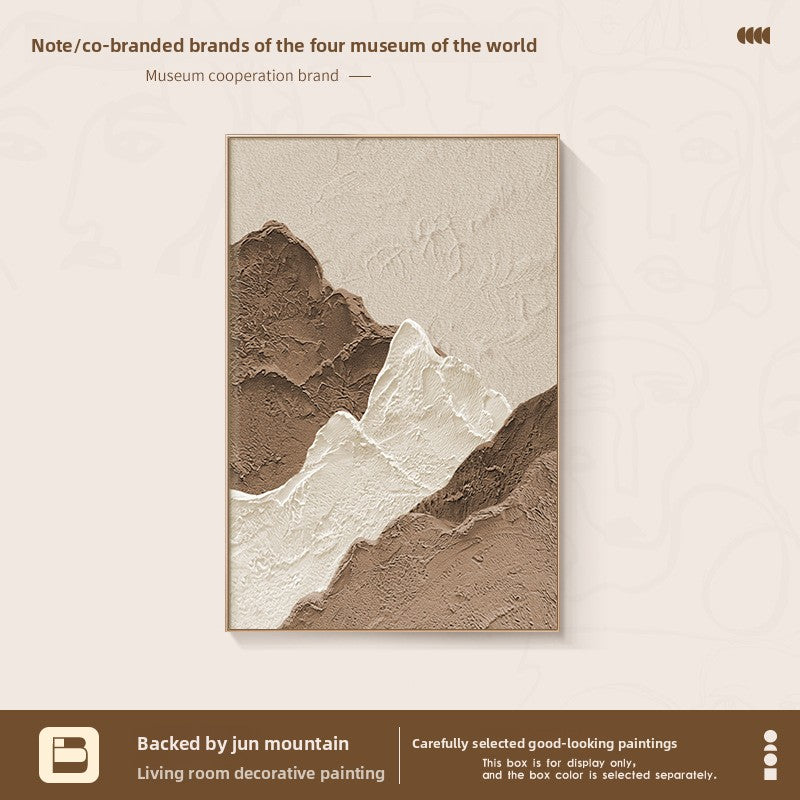 Abstract painting of mountains in brown and beige tones on a light beige background